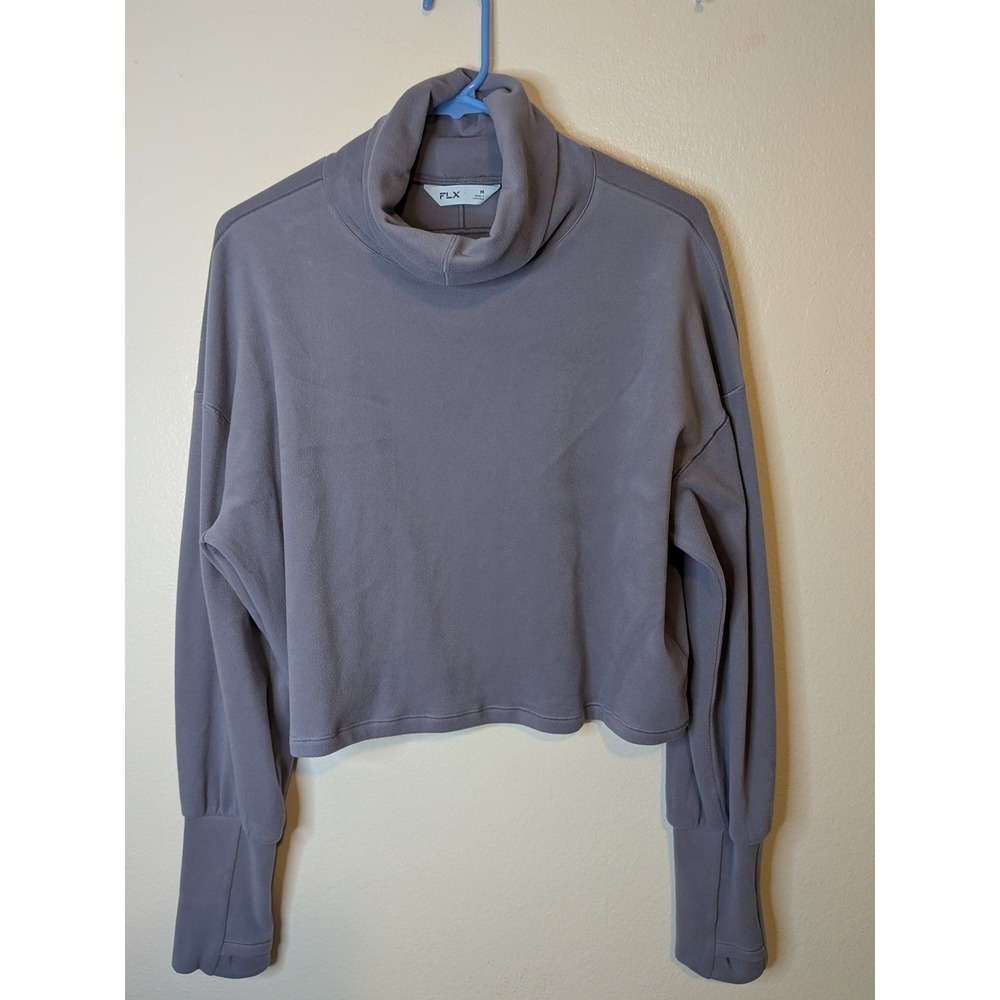 FLX Womens Heather Hue Cropped Turtleneck Long Sleeve Fleece Top Size M